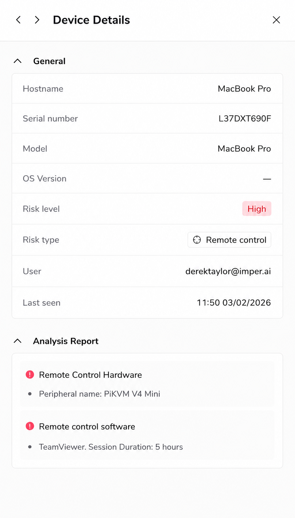 Device Details View panel showing general device information, risk level, risk type, and analysis report with detected issues