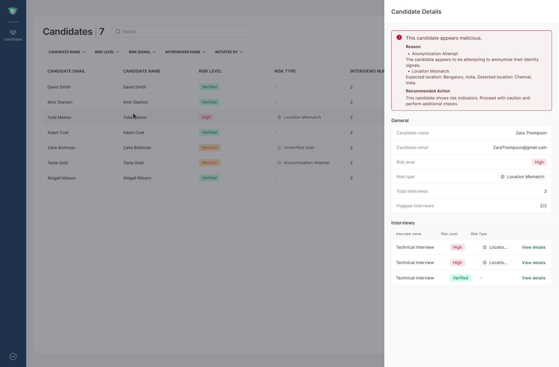 Candidate details view showing general information and detected risks.