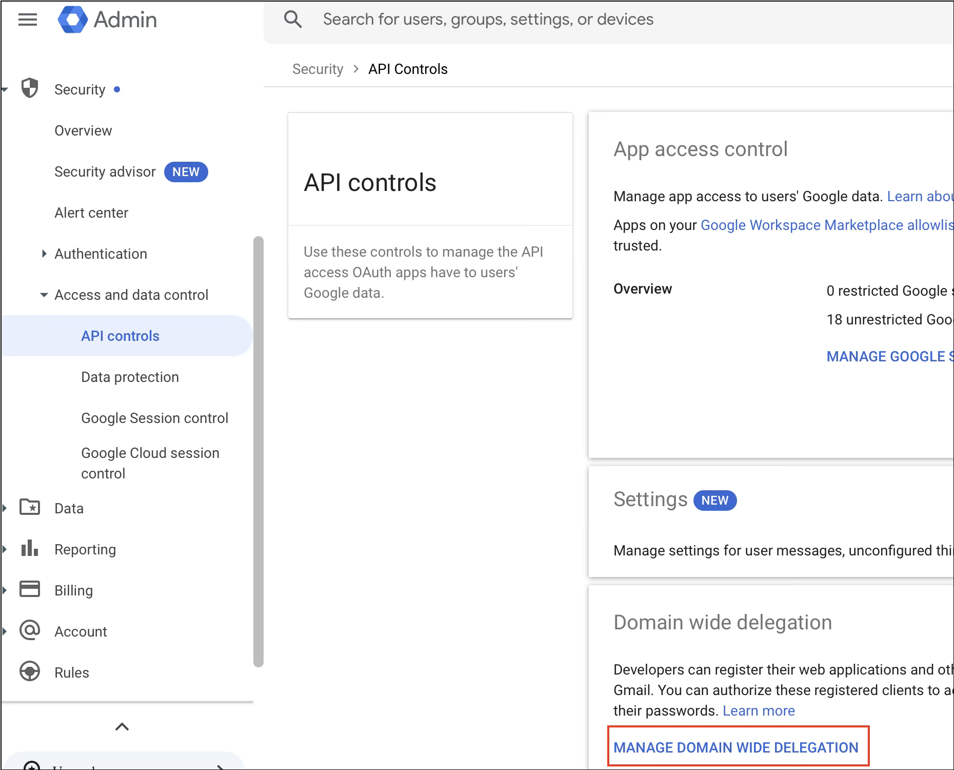 Admin panel displaying API controls and domain wide delegation settings for Google services.