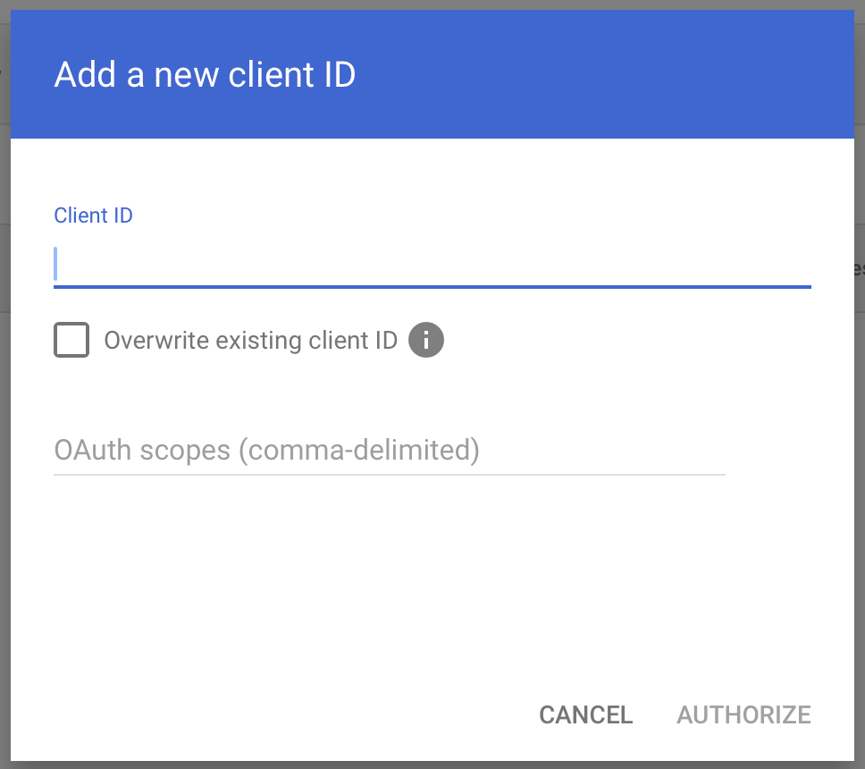 Form to add a new client ID with options for OAuth scopes and overwrite settings.
