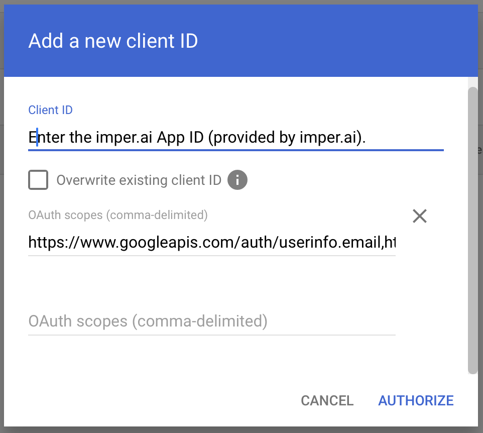 Input form for adding a new client ID with OAuth scopes and options.