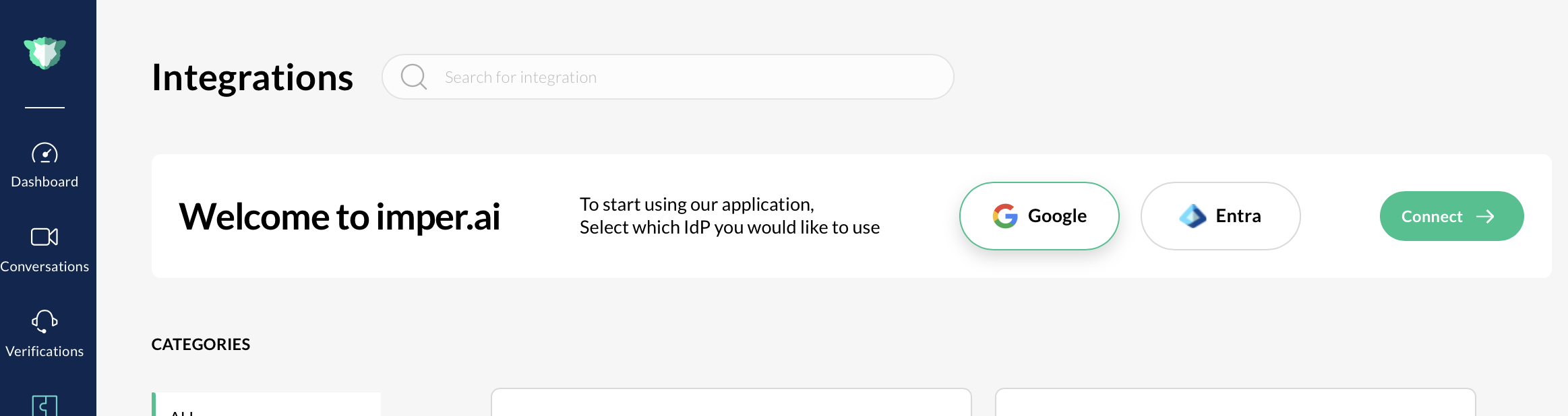 Integration options for imper.ai, featuring Google and Entra connection buttons.