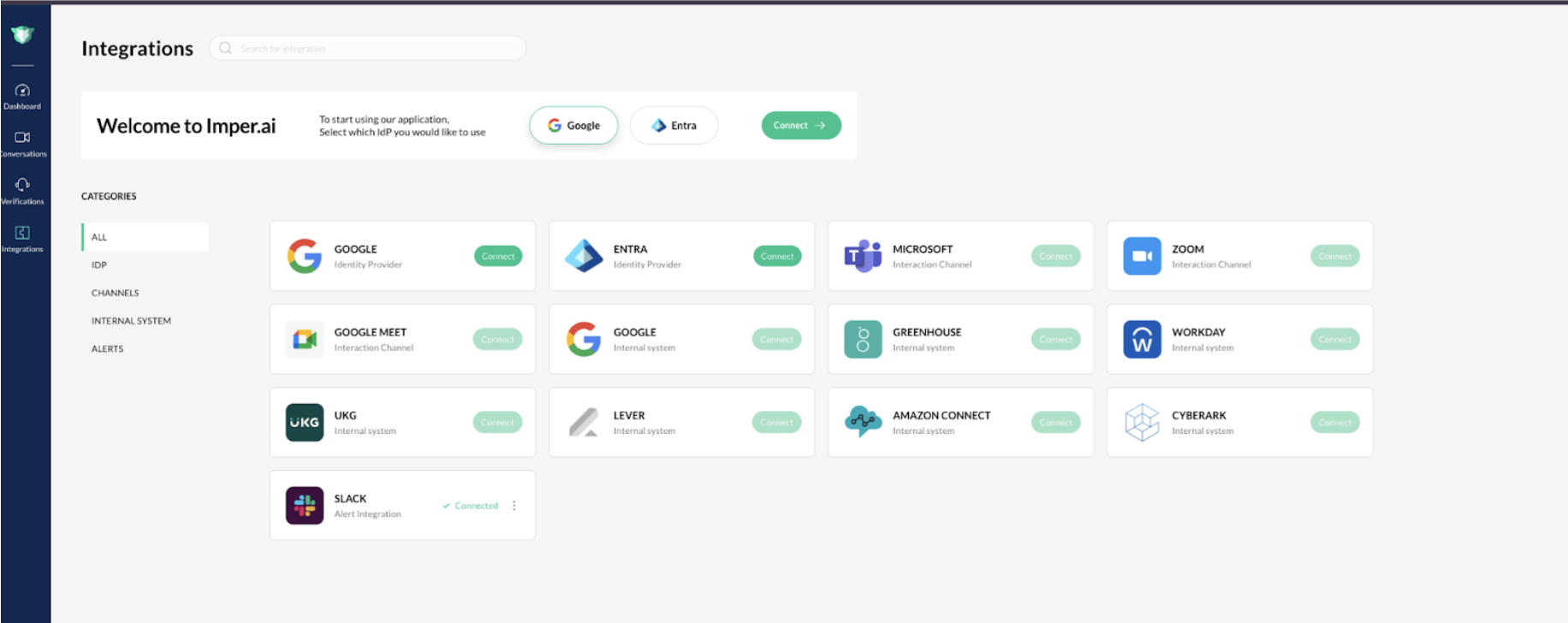 Integration options for various platforms displayed on the Imper.ai dashboard interface.