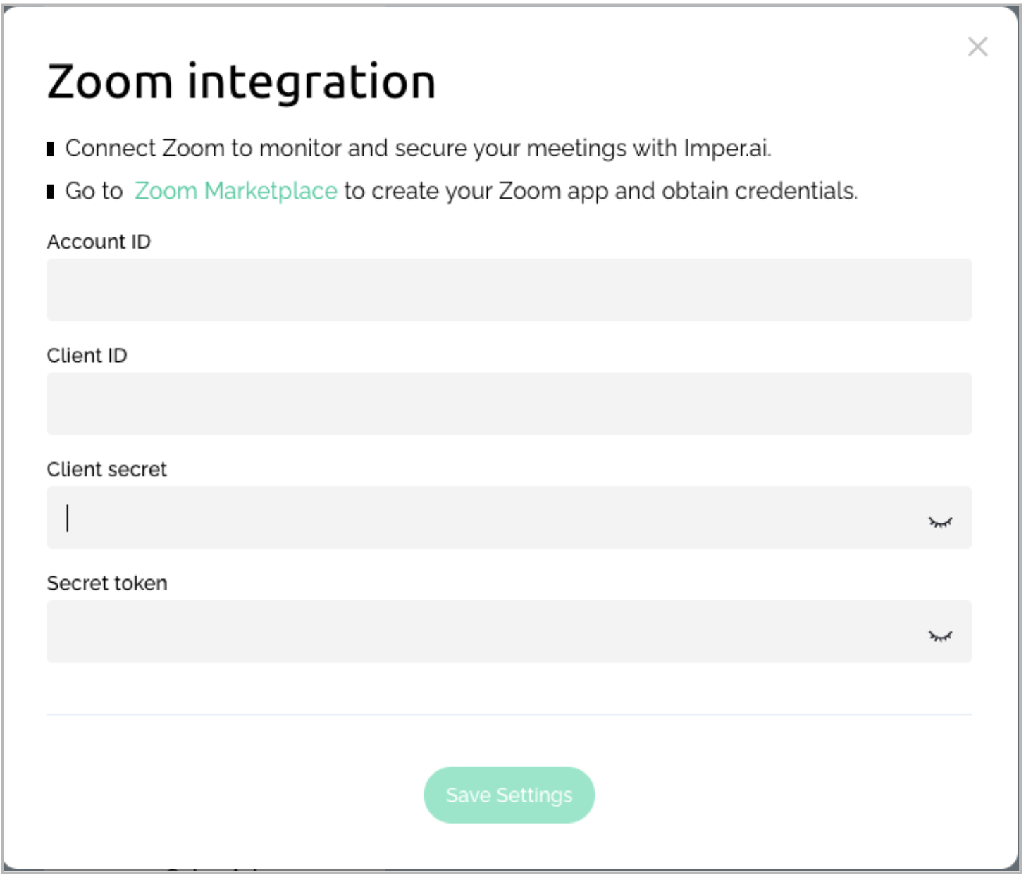 Settings interface for Zoom integration with fields for Account ID and Client secret.