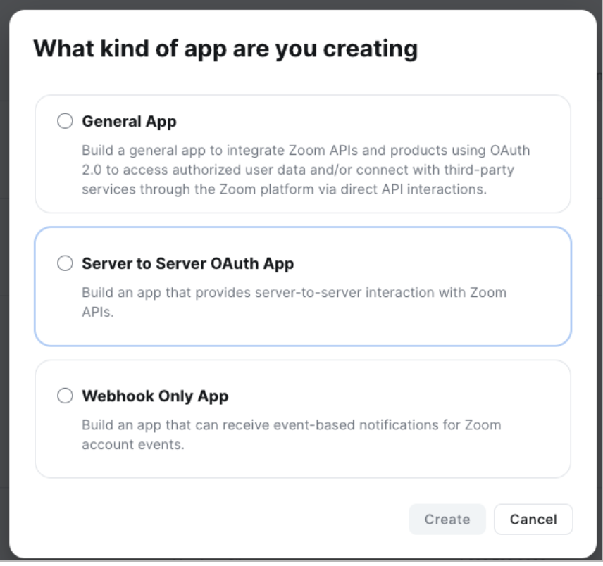 Options for creating different types of Zoom applications are displayed on the screen.