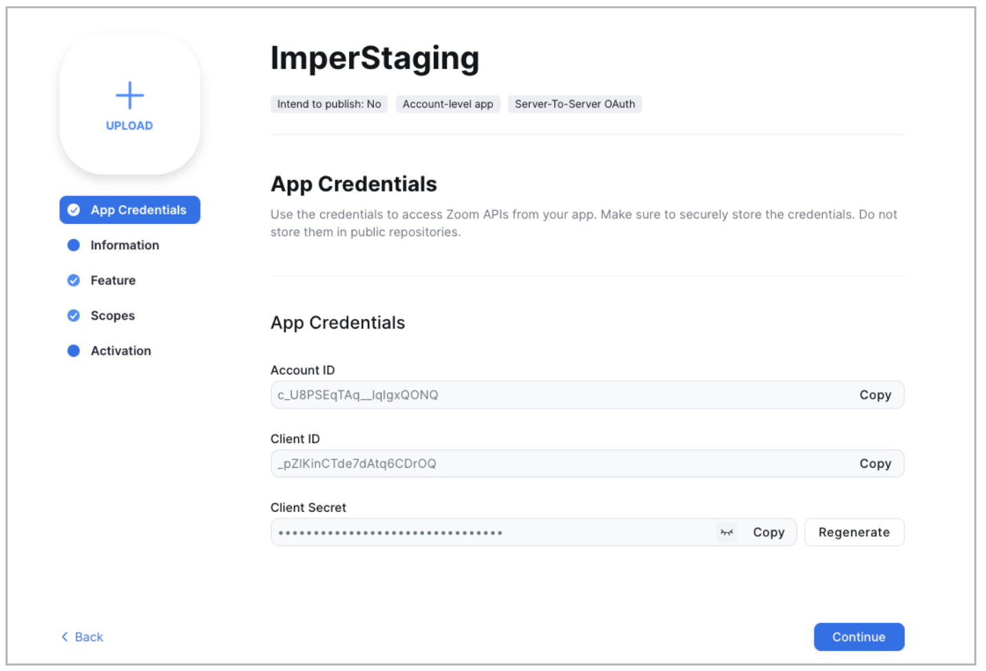 App credentials section displaying Account ID, Client ID, and Client Secret for Zoom API.