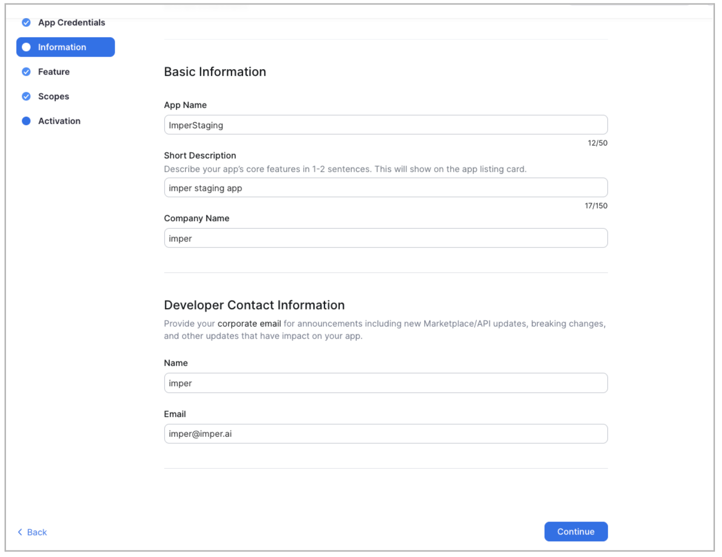 App credentials form displaying basic information and developer contact details for ImperStaging.