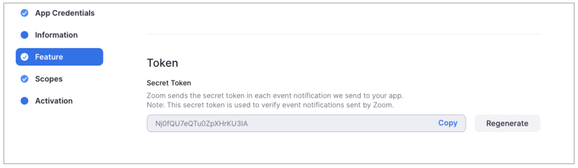 Zoom app settings showing feature token and instructions for event notifications.