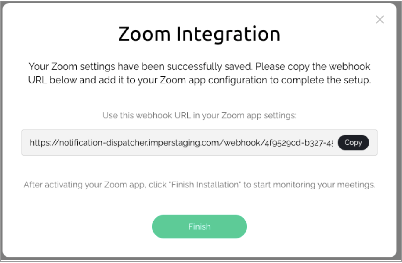 Instructions for Zoom integration, including webhook URL and installation steps.