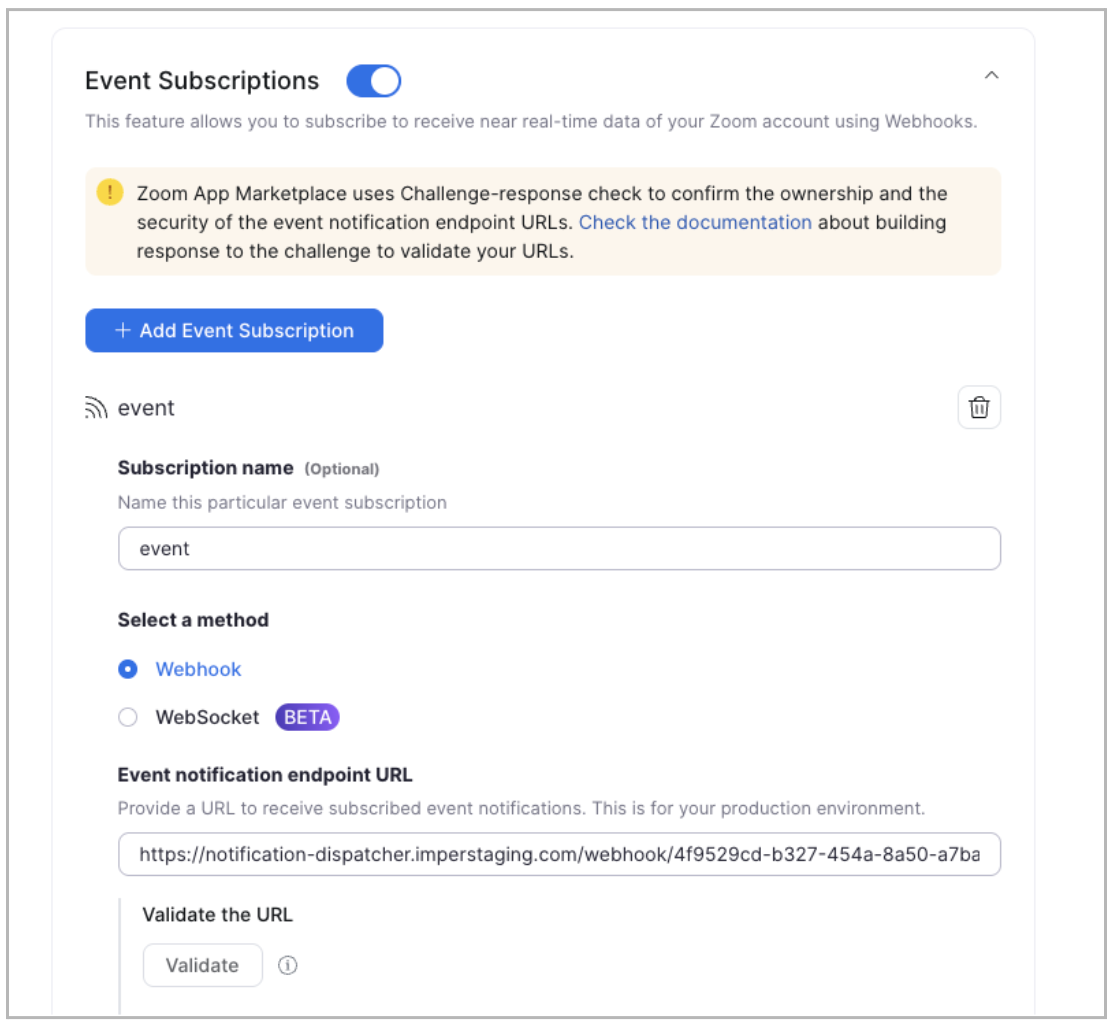 Zoom App Marketplace event subscriptions with webhook method and endpoint URL validation.
