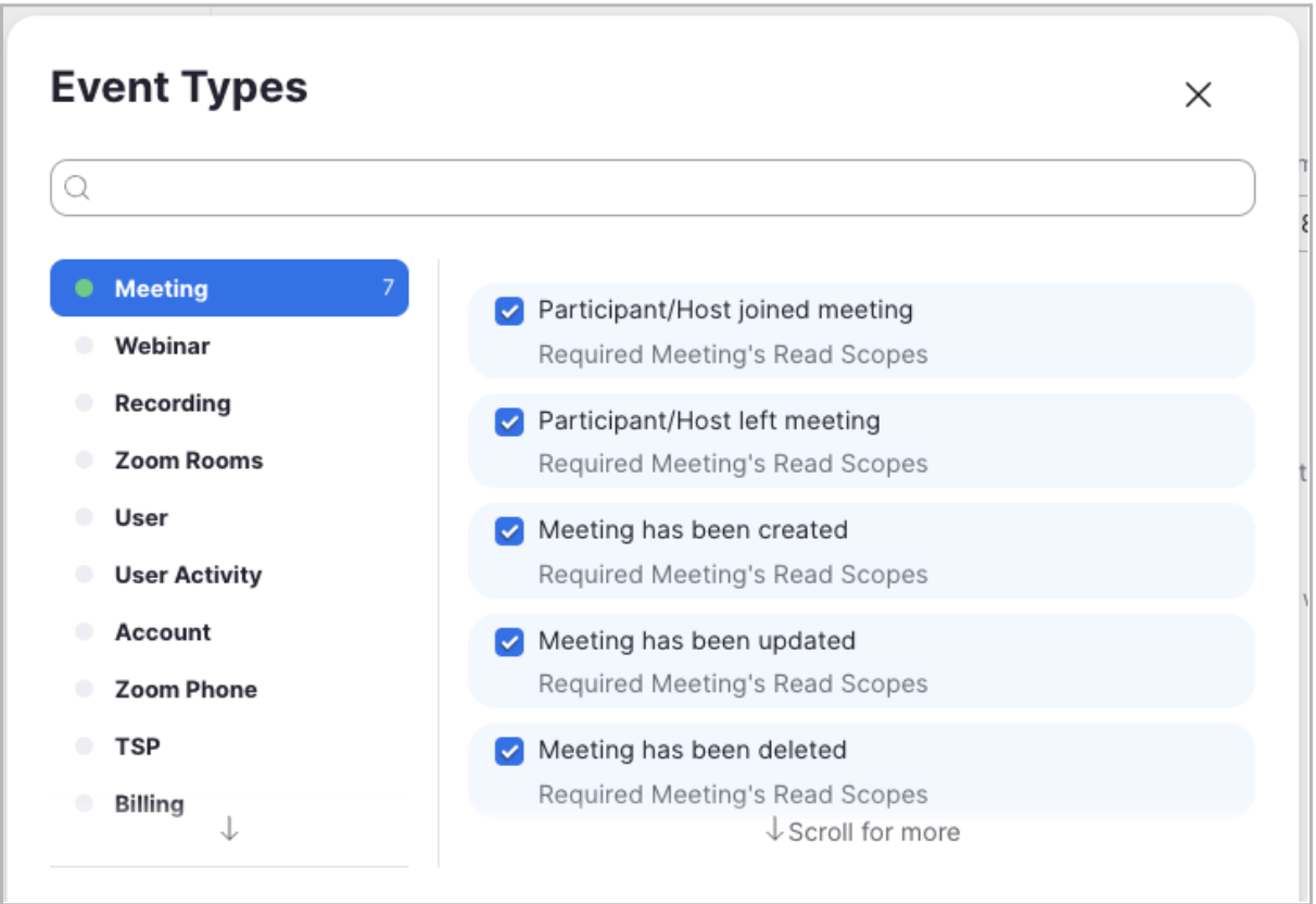 List of event types with checkboxes for meeting-related actions and requirements.