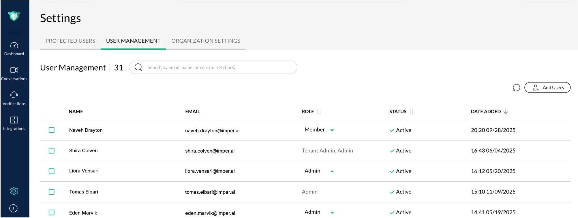 User management settings displaying active users with roles and email addresses listed.