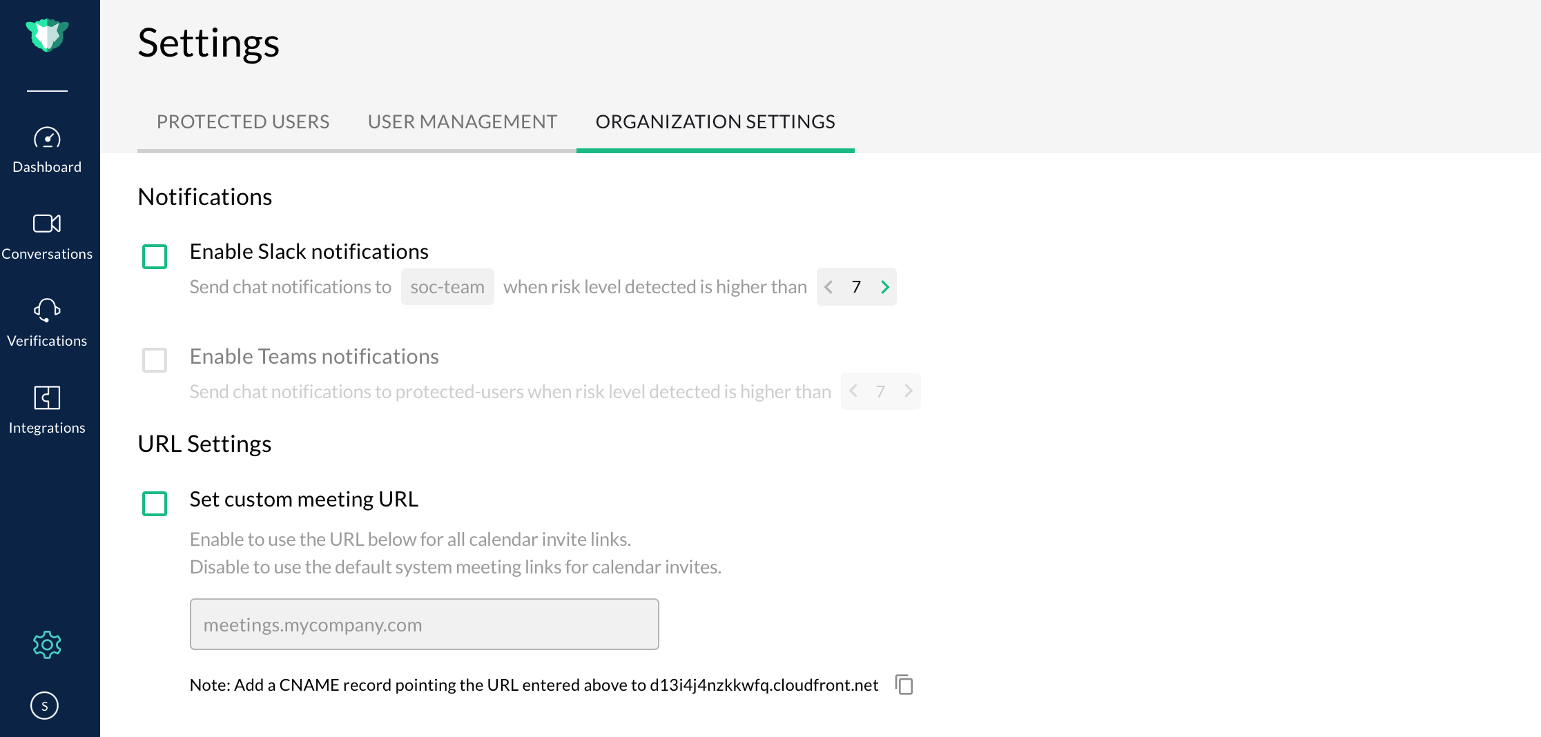 Settings page showing notification options for Slack and Teams, with custom meeting URL.