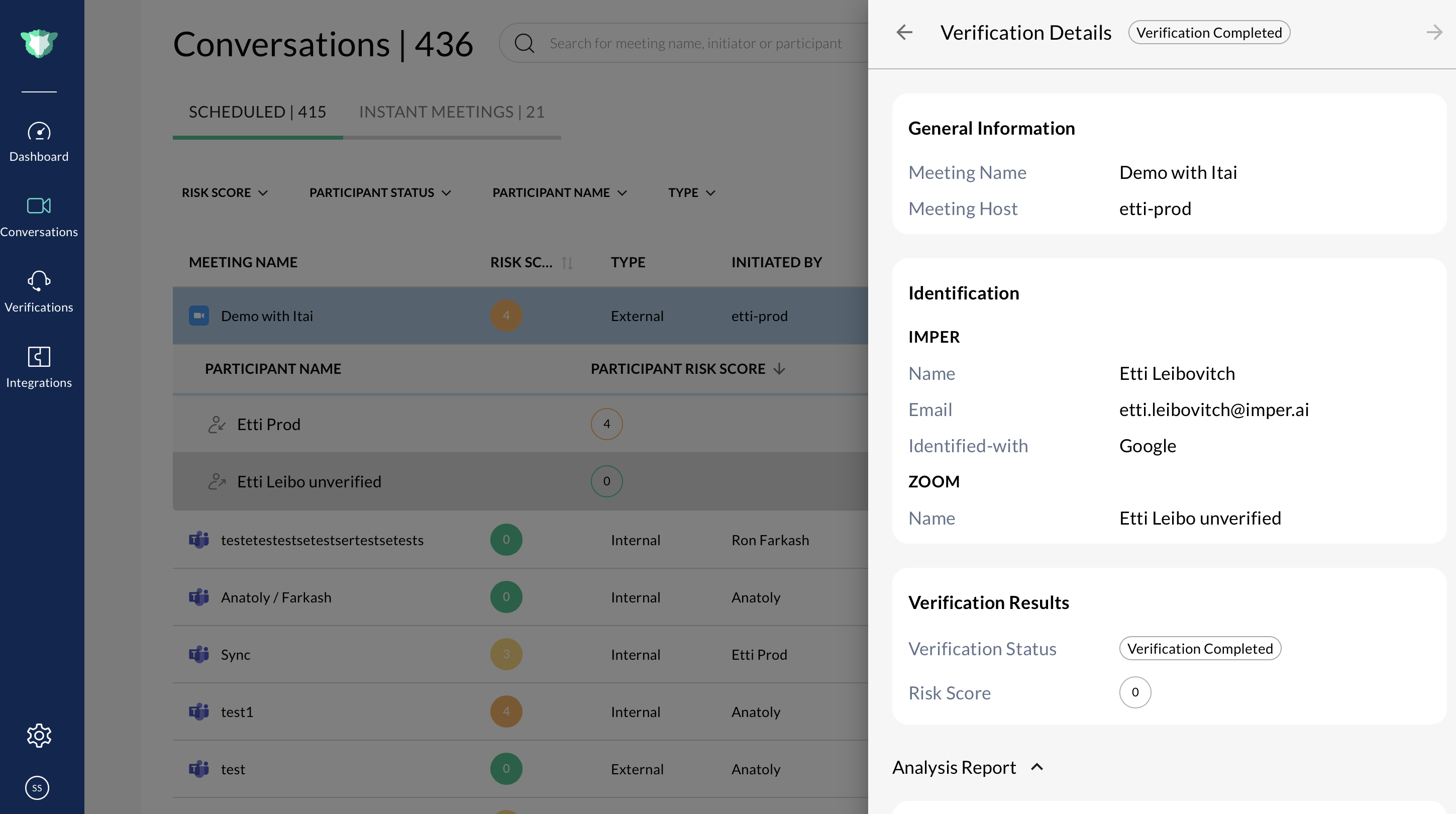 Verification details for meeting participants, including risk scores and identification information.