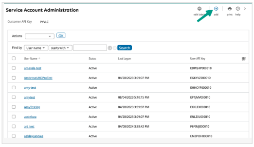 Service account administration interface displaying user details and actions available.