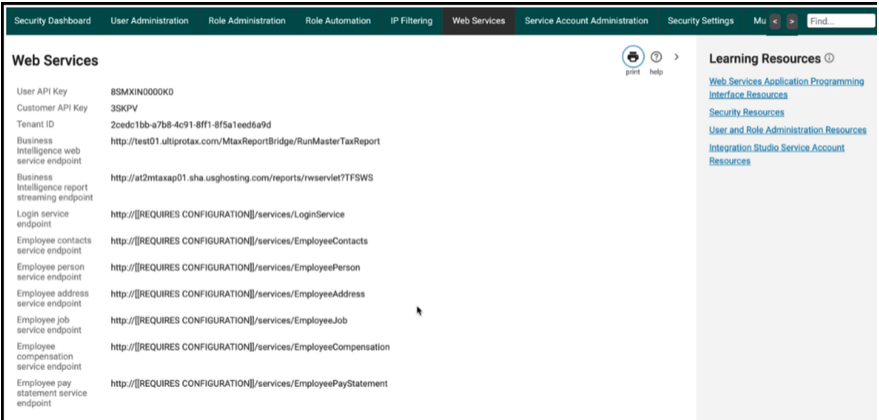 Web services API keys and endpoints for employee data management and reporting.