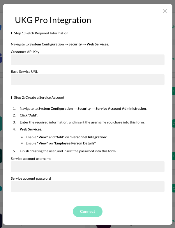 Instructions for UKG Pro Integration, including steps for API key and service account setup.