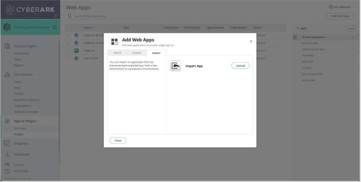 Interface for adding web applications with options to search, customize, and import apps.