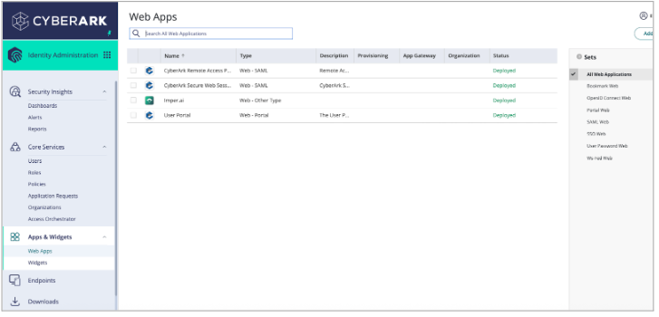 CyberArk web applications dashboard displaying deployed applications and their statuses.