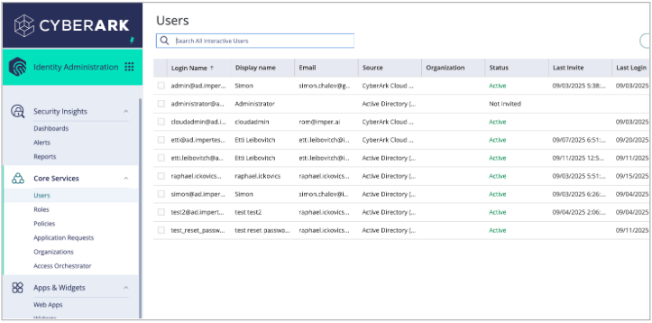 User management interface displaying active users and their details in CyberArk.