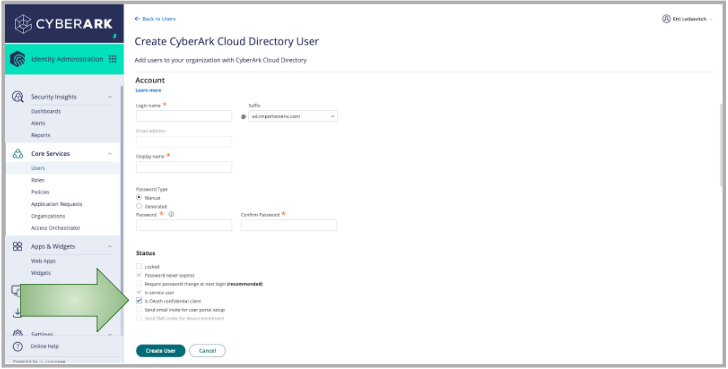 Form for creating a CyberArk Cloud Directory user with highlighted instructions.