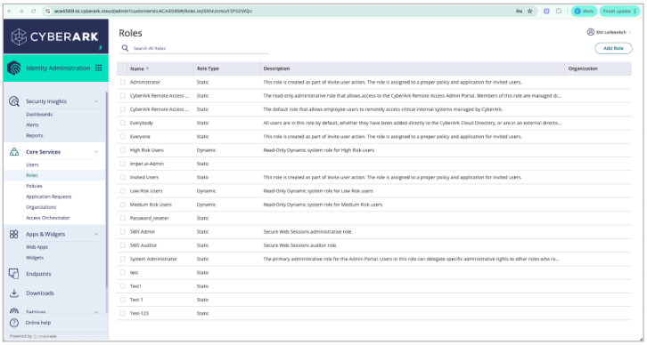 List of user roles and descriptions in CyberArk Identity Administration interface.