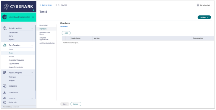 CyberArk interface showing members section with options to add and manage users.