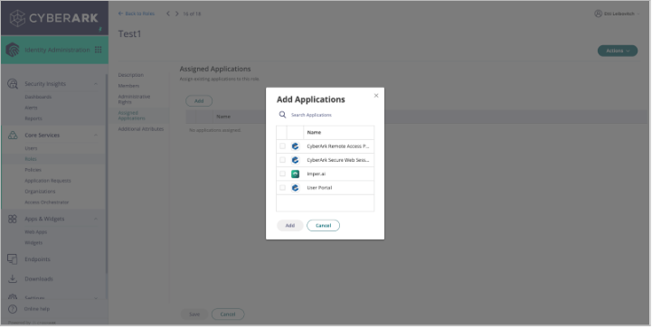 User interface for adding applications in CyberArk Identity Administration dashboard.