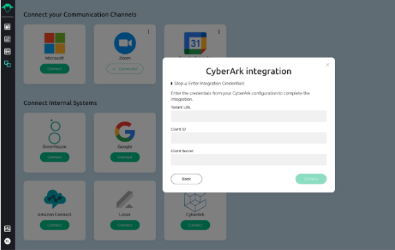 CyberArk integration setup screen with fields for Client ID and Client Secret.