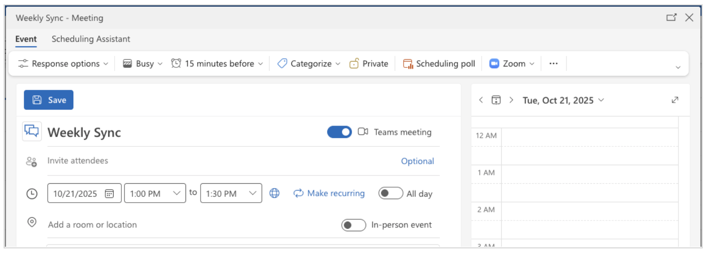 Scheduling a Weekly Sync meeting with date, time, and Teams meeting option selected.