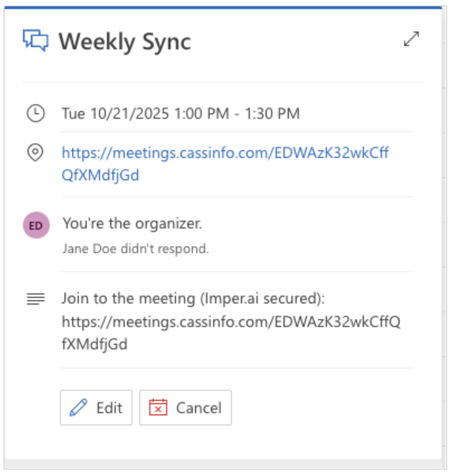 Weekly sync meeting details including organizer, time, and meeting link.