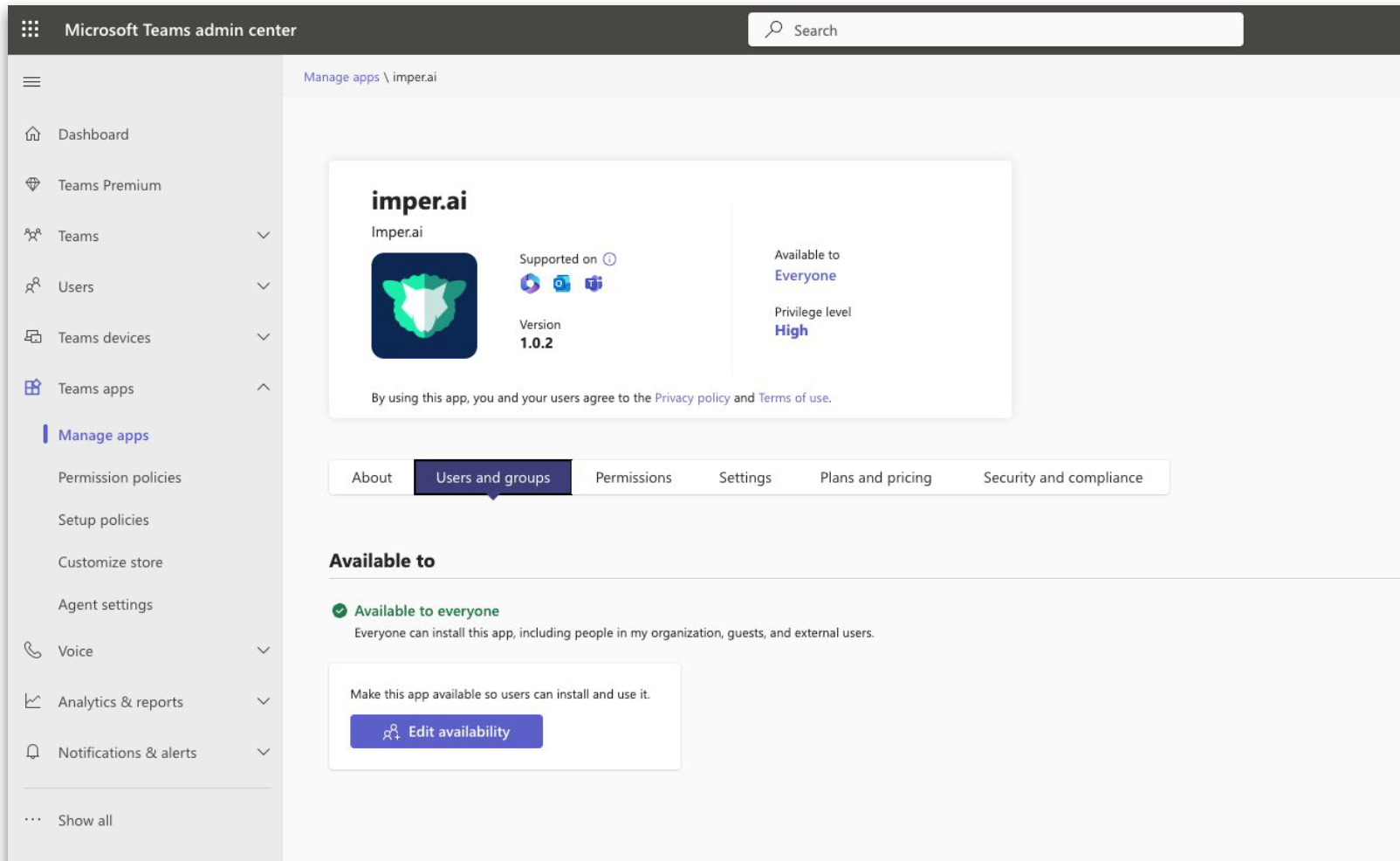 Overview of the imper.ai app settings in Microsoft Teams admin center.