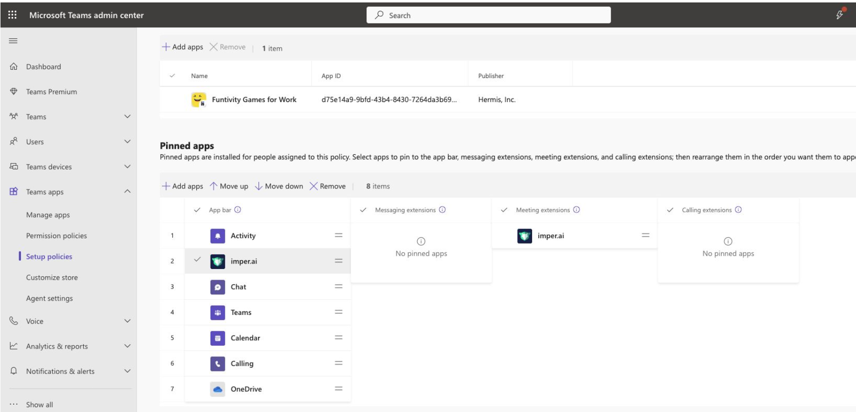 Microsoft Teams admin center showing pinned apps and setup policies for users.