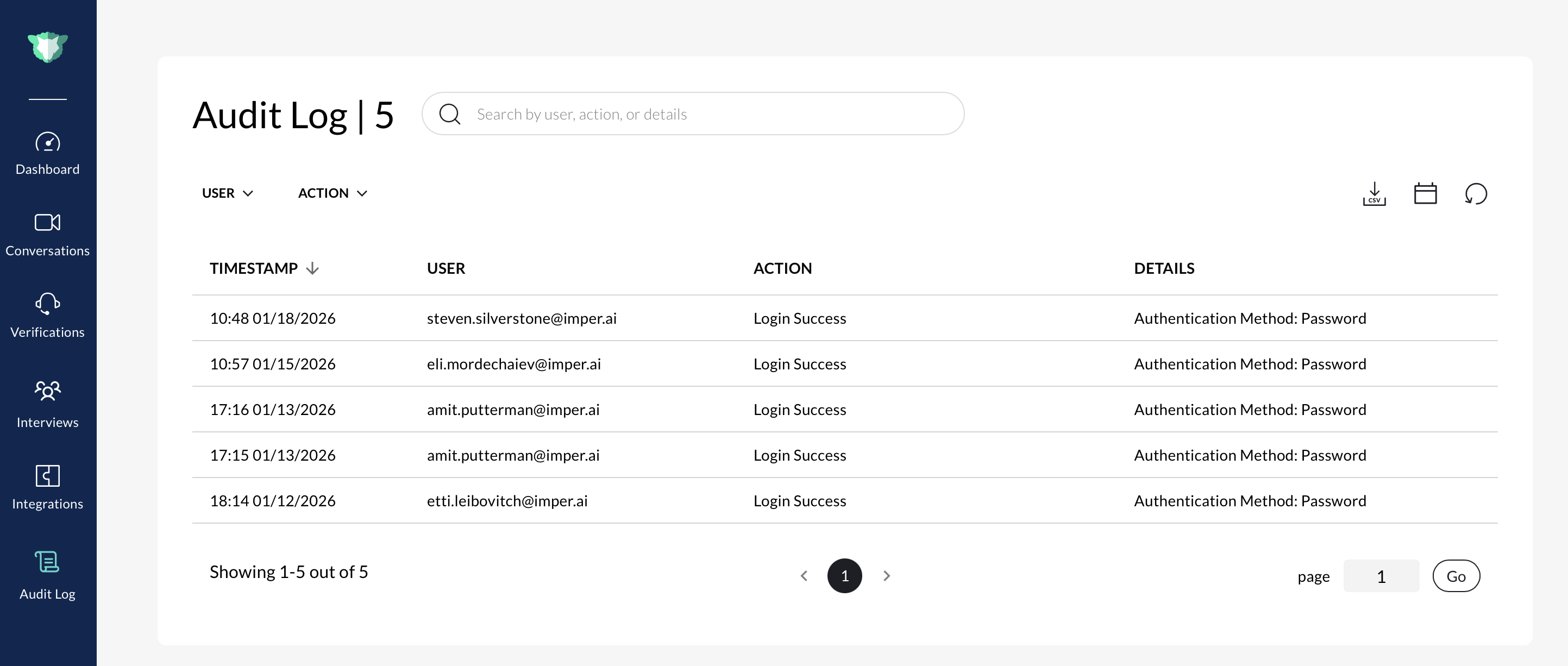 Audit log displaying user login successes with timestamps and actions recorded.