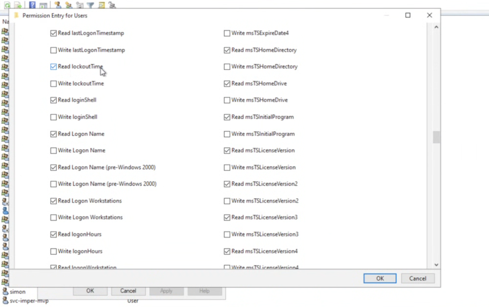 lockoutTime permissions in the list