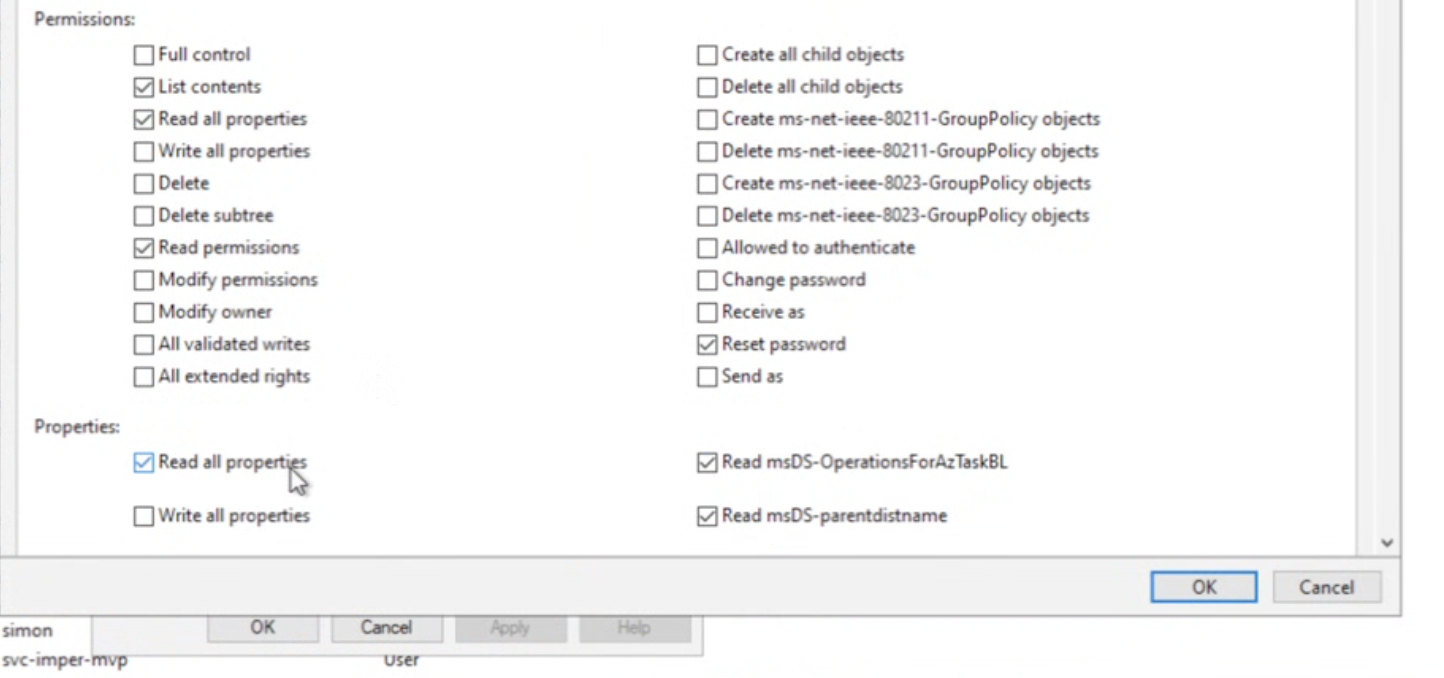 Read all properties and Reset password selected