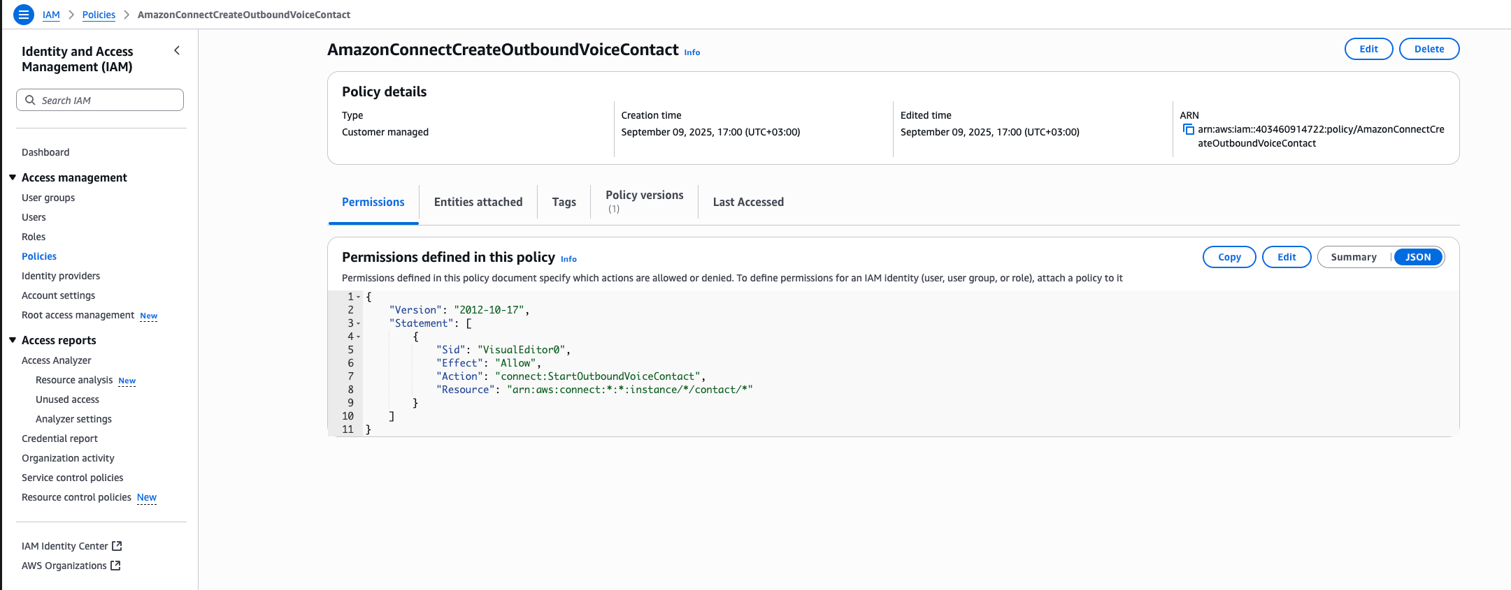 The IAM policy for starting outbound voice contacts, in the AWS console.