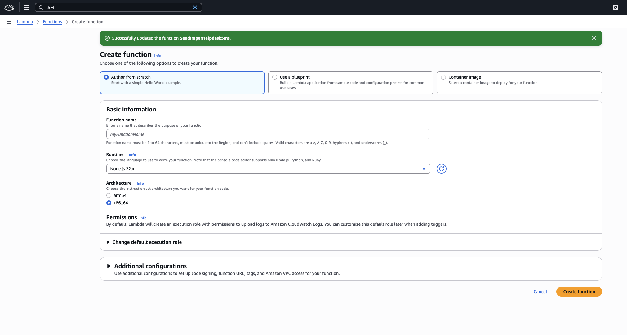 Creating a basic Lambda function from scratch in the AWS console.