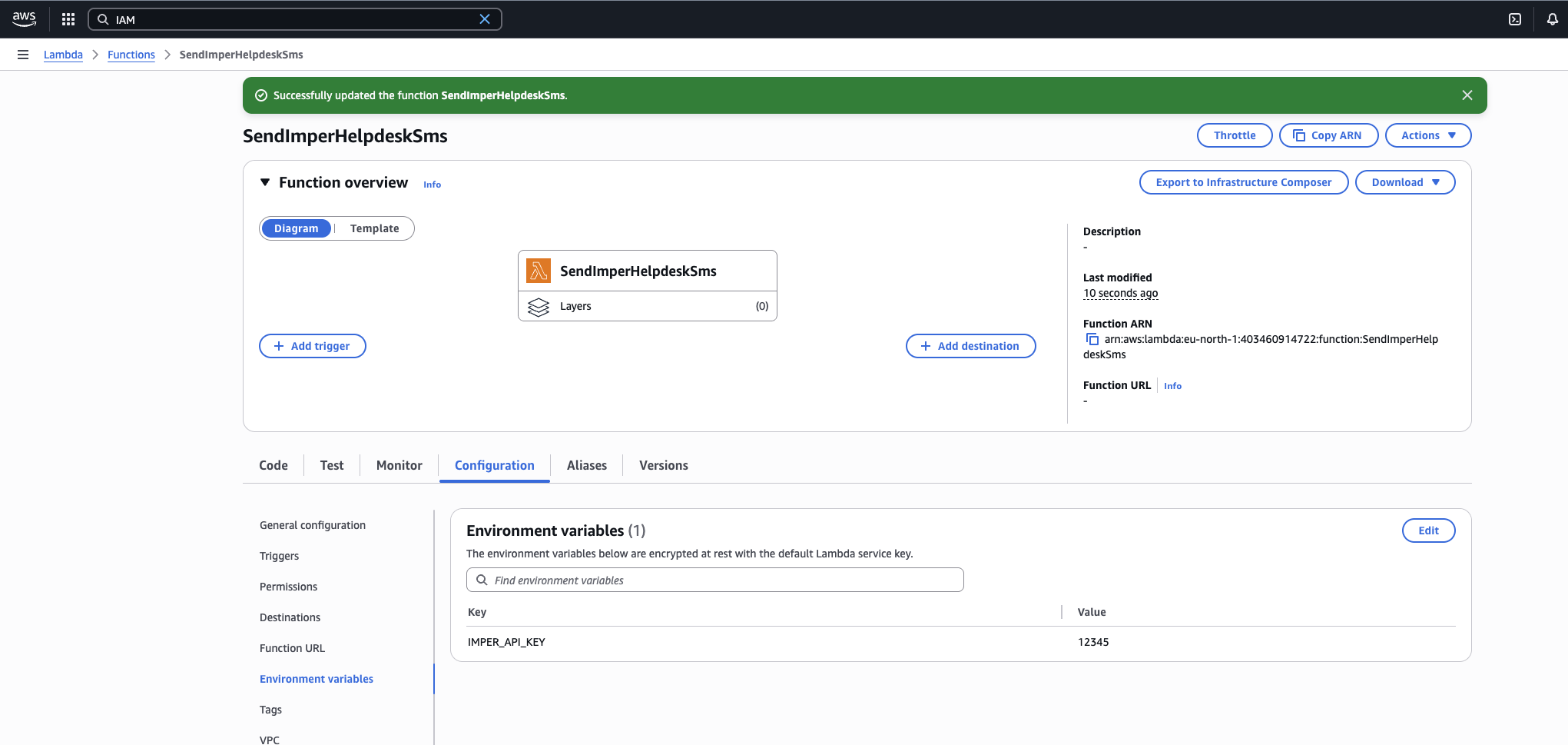 Configuring the IMPER_API_KEY and IMPER_ORG_ID environment variables on the Lambda function.
