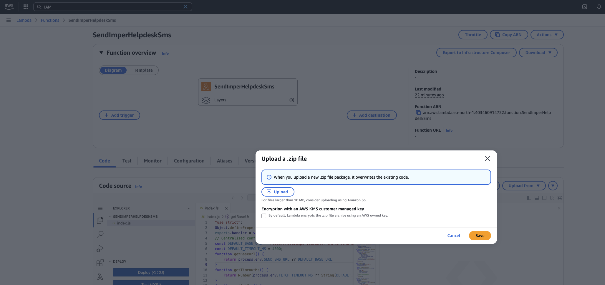 Uploading the function ZIP while creating the Lambda function.