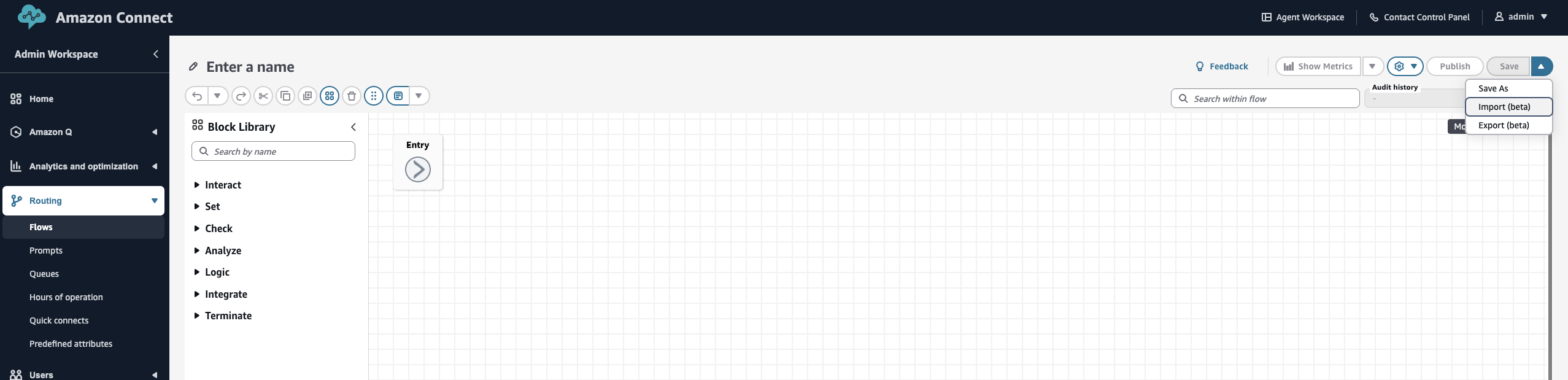 Creating a new module and importing it from JSON in Amazon Connect.