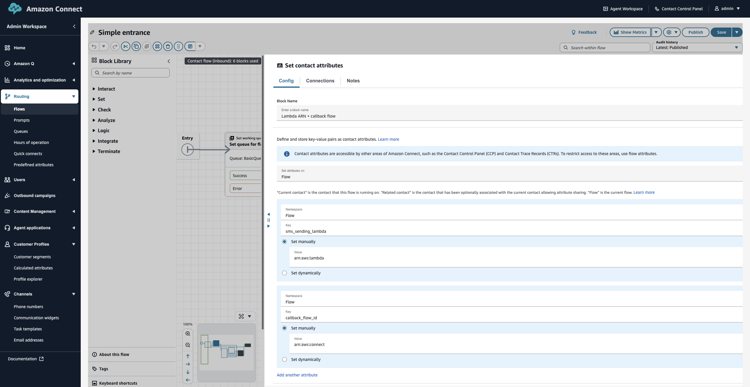 The Set User Attributes block configured with sms_sending_lambda and callback_flow_id.