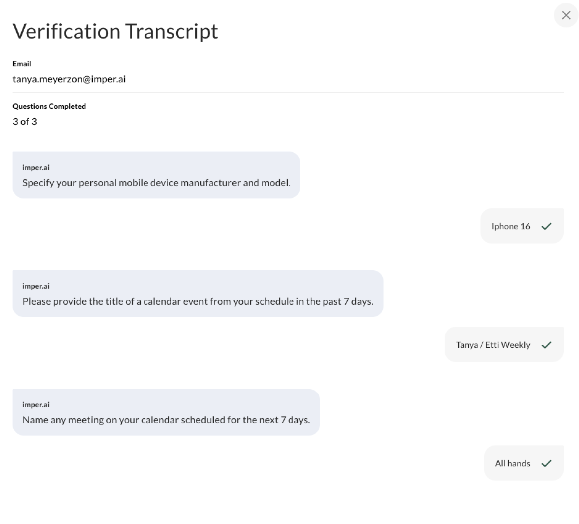 The verification transcript showing each question, the user's answer, and whether it was correct or incorrect.