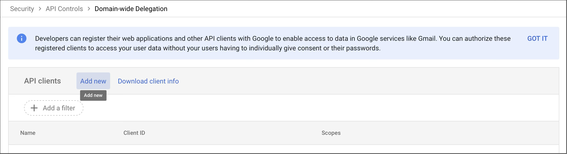 API clients section for registering web applications and managing user data access.