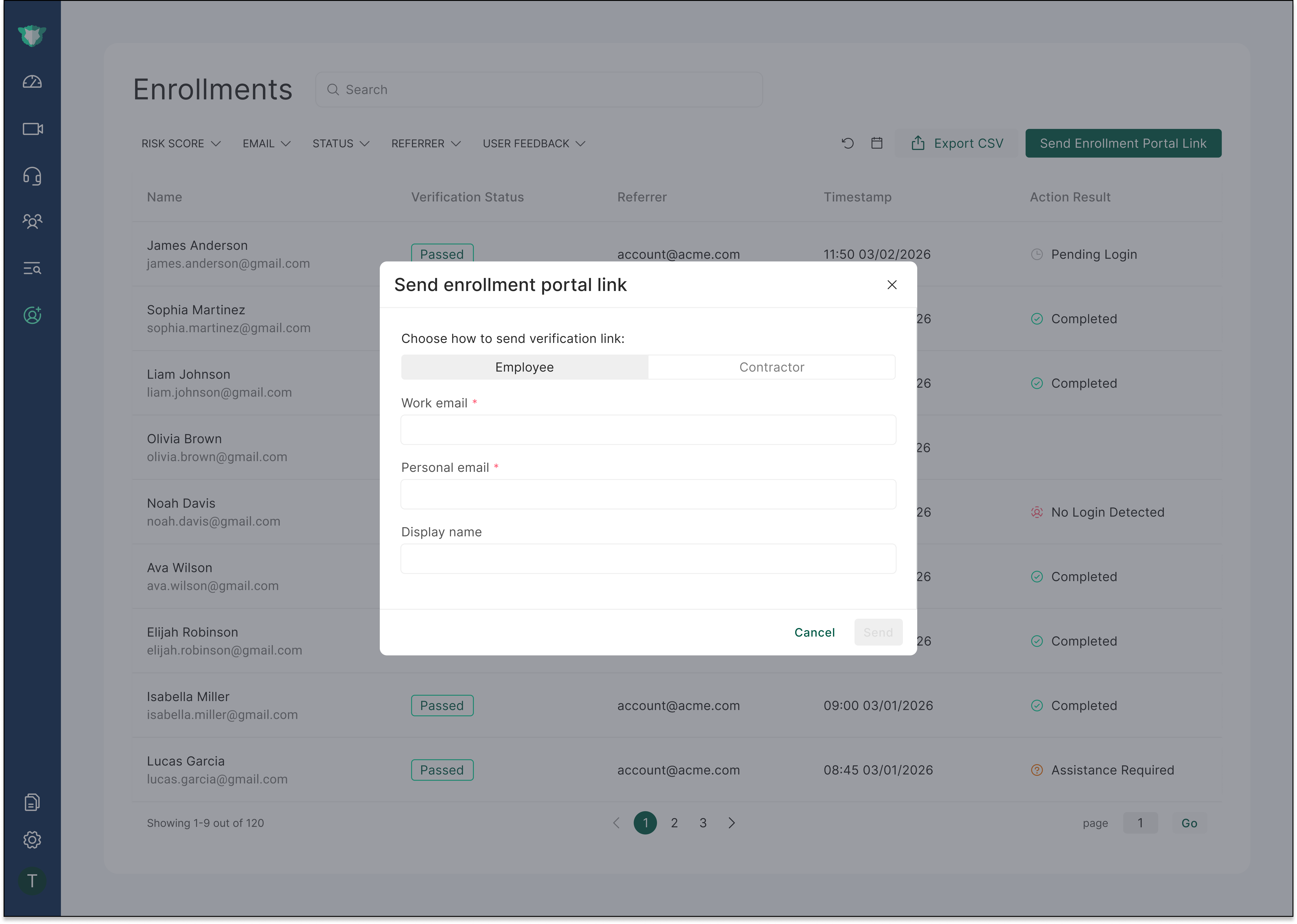 Send enrollment portal link dialog with Employee and Contractor options and fields for work email, personal email, and display name.