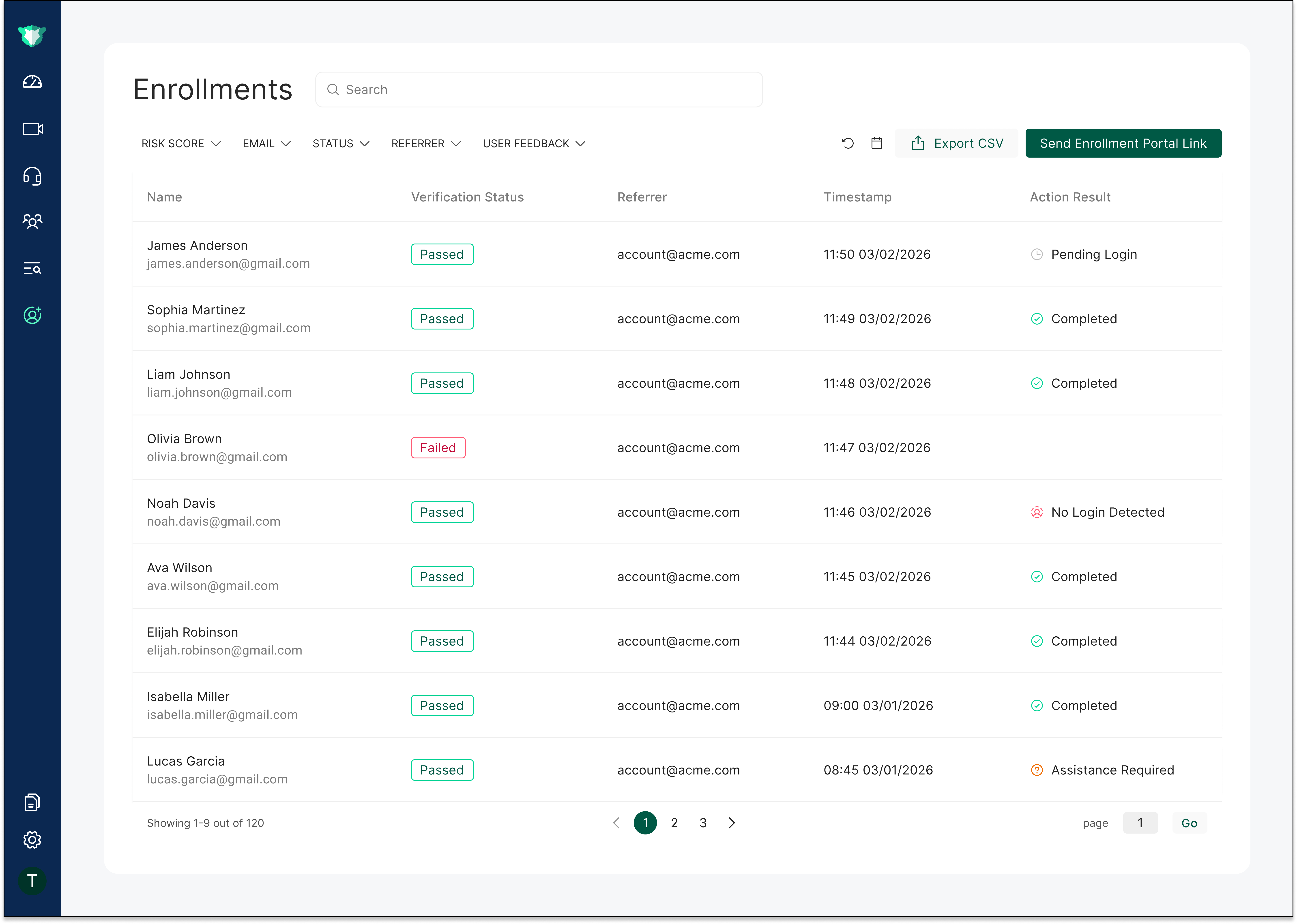 Enrollments page listing new hires with status, referrer, timestamp, and action result.