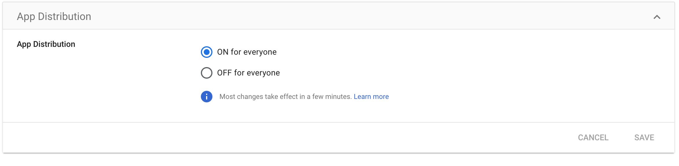 App distribution settings with options to enable or disable for everyone.