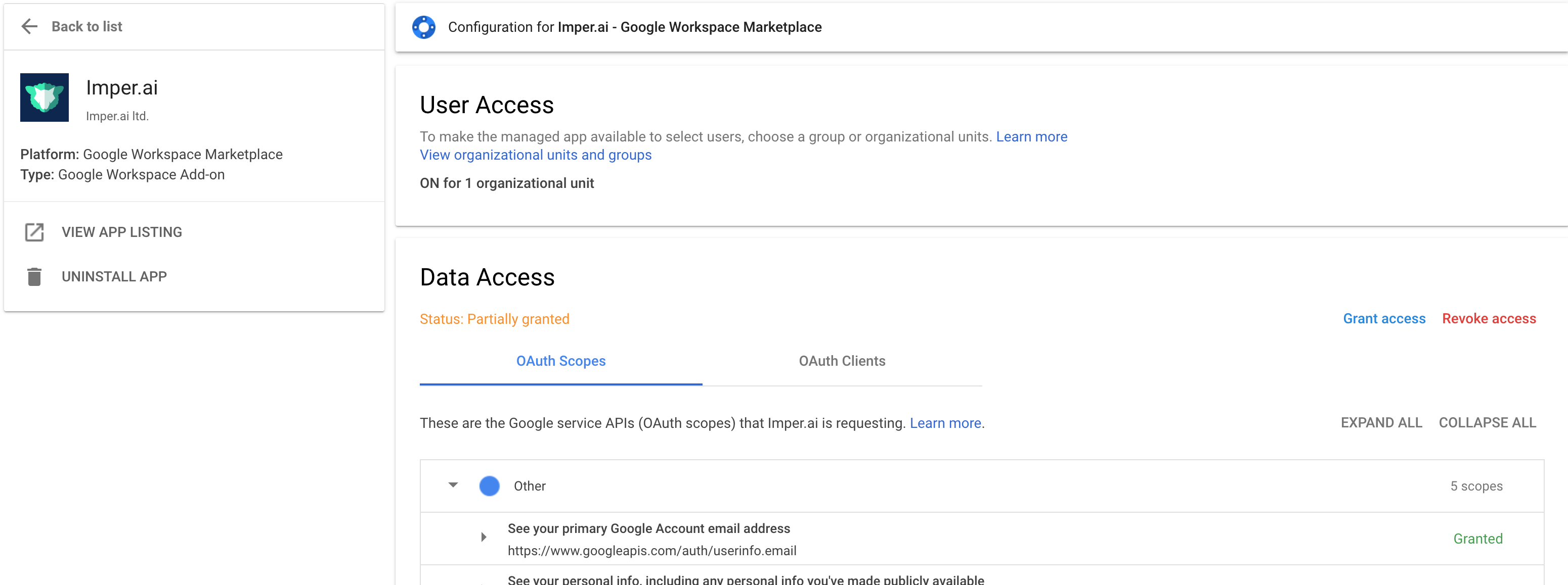 Configuration settings for Imper.ai in Google Workspace Marketplace, showing user and data access.