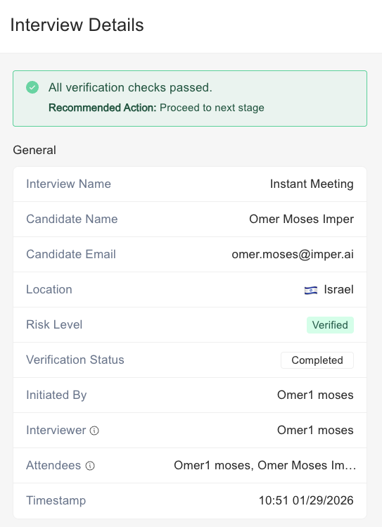 Interview details showing verification status and candidate information for Omer Moses Imper.