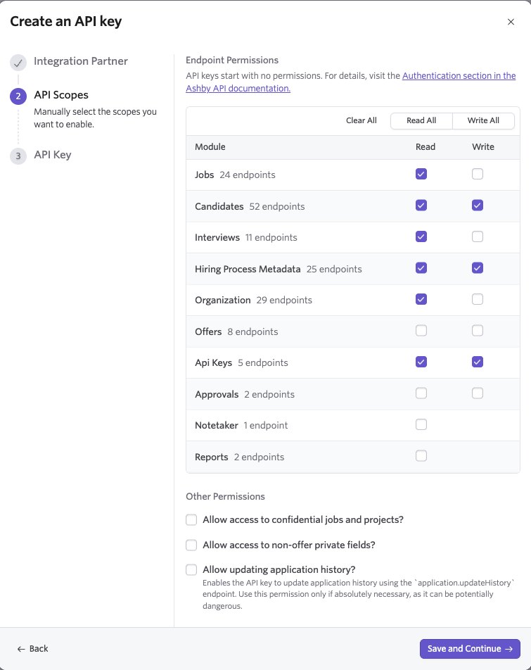 API key creation interface showing endpoint permissions and options for access control.
